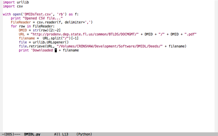 Screenshot of a Python script to download deeds composed in gVim.