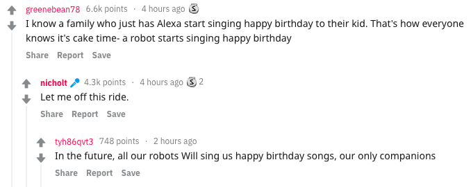 A screenshot from Reddit in which posters describe robots singing Happy Birthday to kids. 